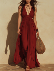Bohemian Pleated Chiffon Resort Crimson Red Maxi Dress