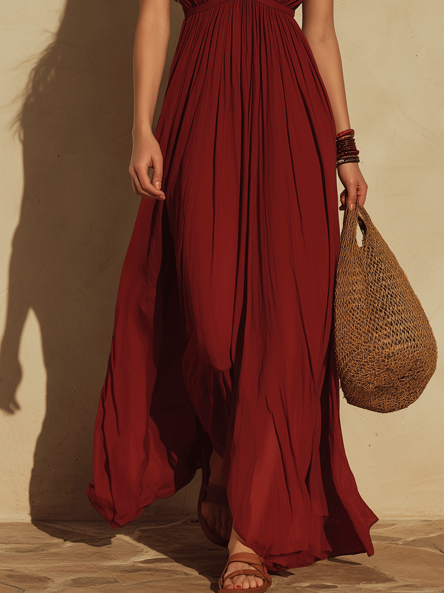 Bohemian Pleated Chiffon Resort Crimson Red Maxi Dress