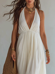 Bohemian Pleated Halter Resort Ivory Maxi Dress