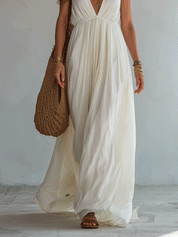Bohemian Pleated Halter Resort Ivory Maxi Dress
