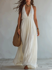 Bohemian Pleated Halter Resort Ivory Maxi Dress