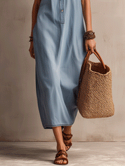 Bohemian Sleeveless Denim Resort Sky Blue Pocket Midi Dress