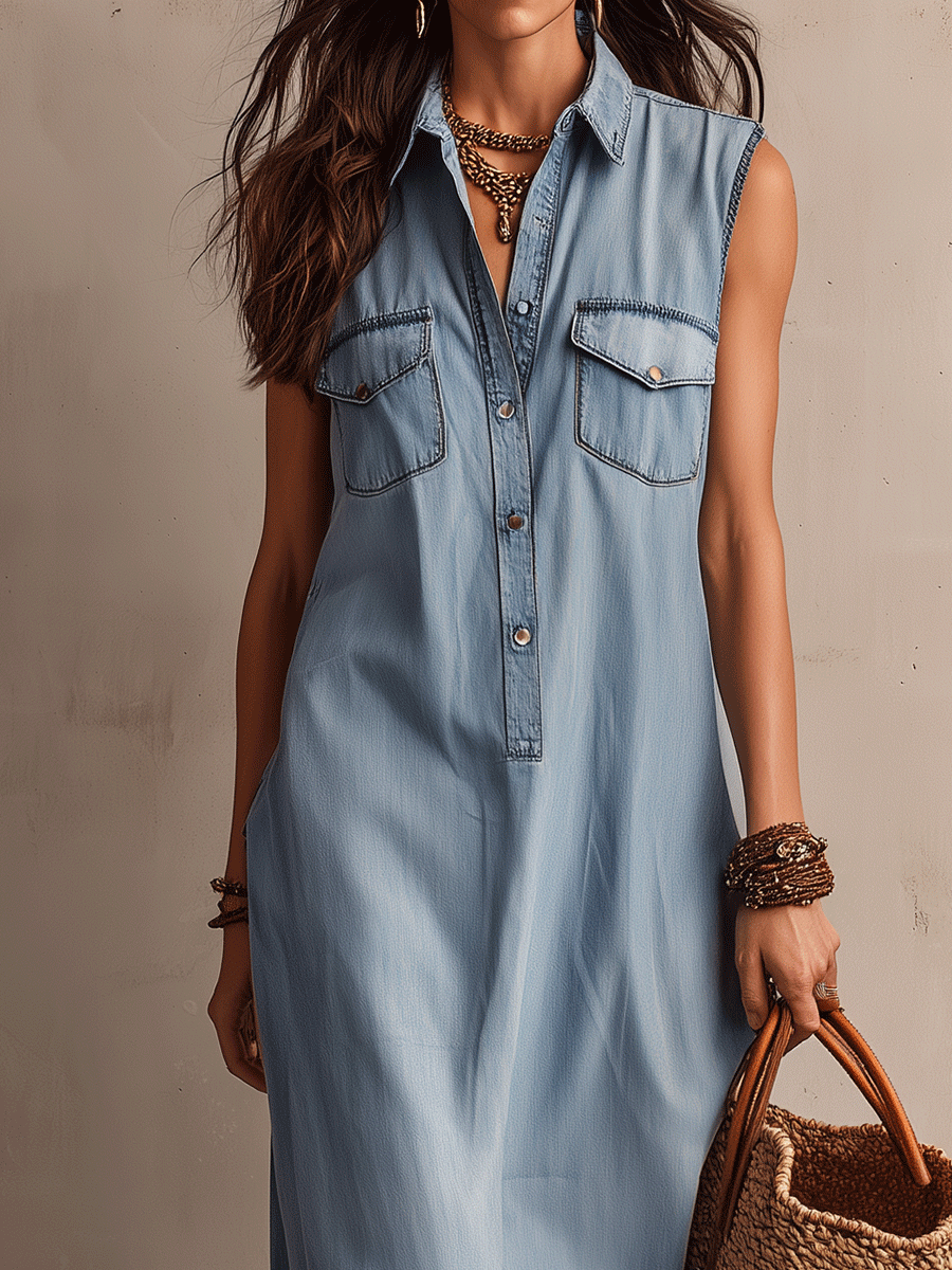 Bohemian Sleeveless Denim Resort Sky Blue Pocket Midi Dress