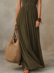 Bohemian Pleated Halter Resort Olive Green Maxi Dress