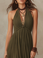 Bohemian Pleated Halter Resort Olive Green Maxi Dress