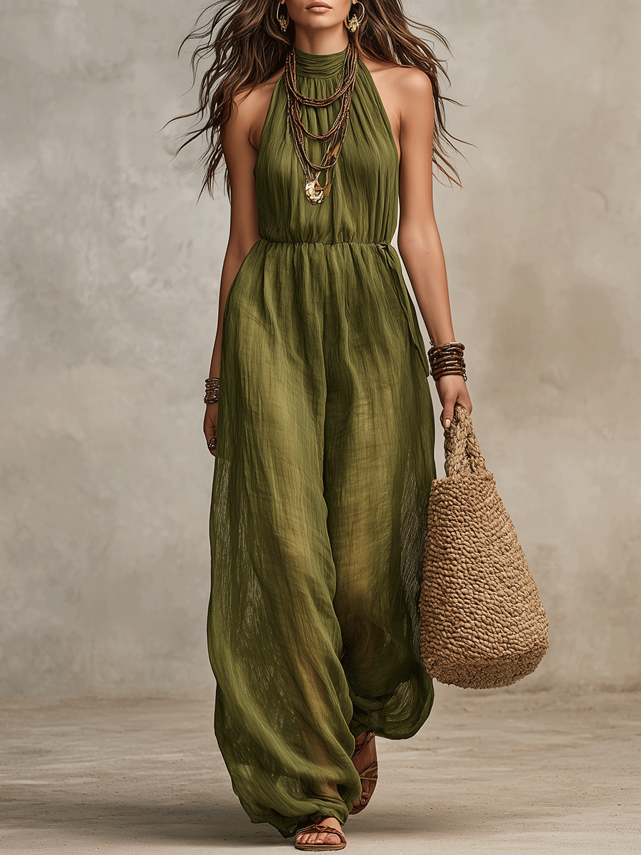 Bohemian Pleated Resort Olive Green Linen Wide-Leg Jumpsuit