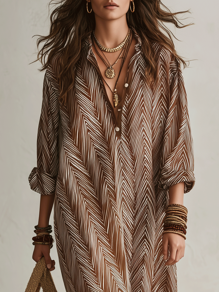 Bohemian Chevron Print Resort Cocoa Brown Maxi Dress