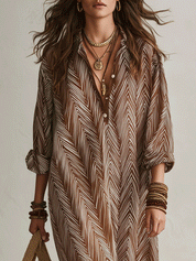 Bohemian Chevron Print Resort Cocoa Brown Maxi Dress