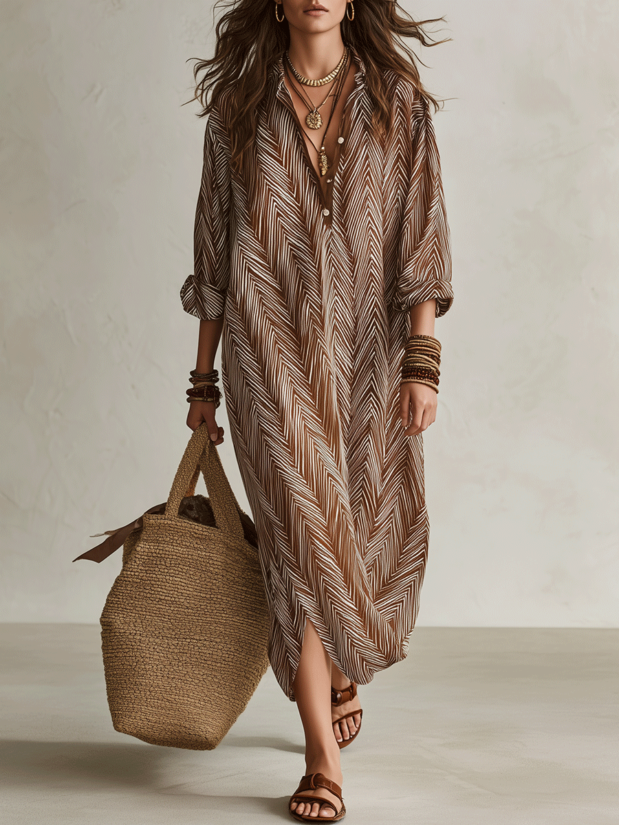 Bohemian Chevron Print Resort Cocoa Brown Maxi Dress