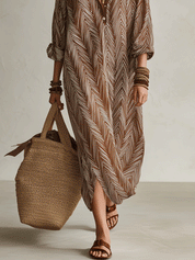 Bohemian Chevron Print Resort Cocoa Brown Maxi Dress