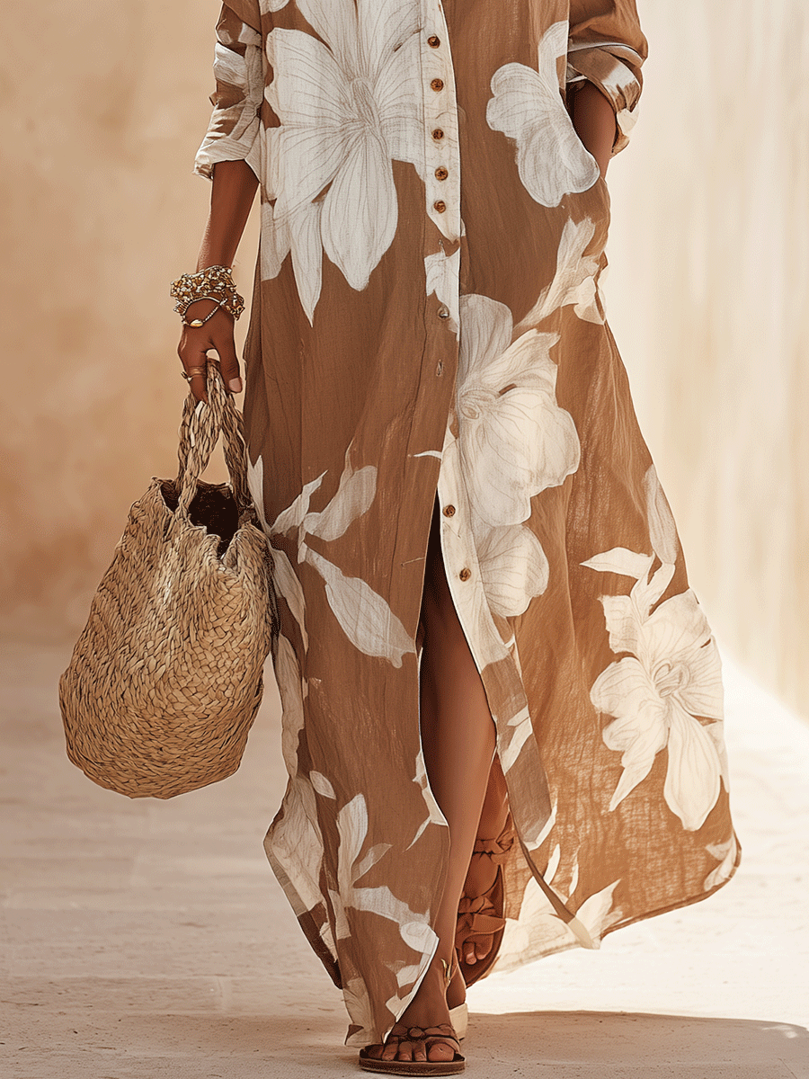 Bohemian Floral Print Resort Cocoa Brown Maxi Shirt Dress