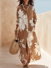 Bohemian Floral Print Resort Cocoa Brown Maxi Shirt Dress