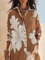 Bohemian Floral Print Resort Cocoa Brown Maxi Shirt Dress