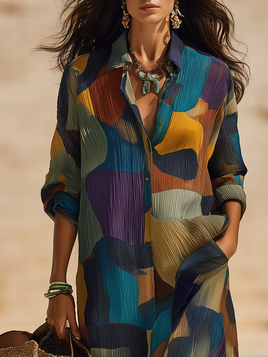 Bohemian Abstract Print Resort Sunset Tone Maxi Dress
