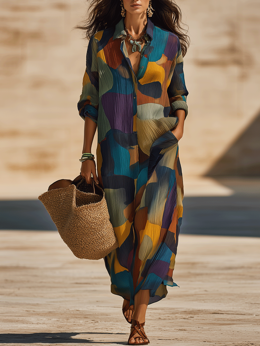 Bohemian Abstract Print Resort Sunset Tone Maxi Dress