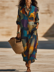 Bohemian Abstract Print Resort Sunset Tone Maxi Dress