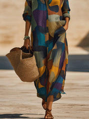 Bohemian Abstract Print Resort Sunset Tone Maxi Dress