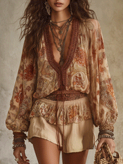Casual Retro-Bohemian Chiffon Shirt And Shorts Beige Set
