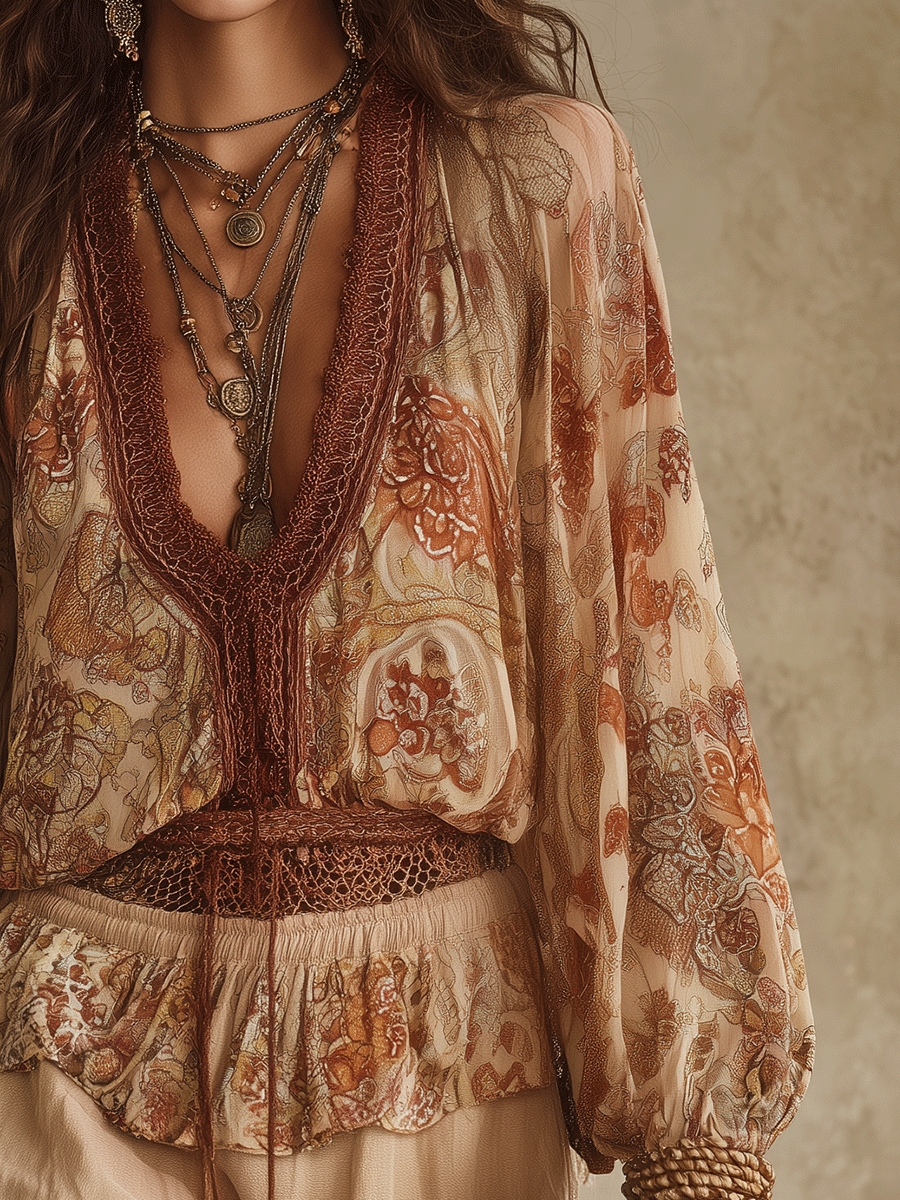 Casual Retro-Bohemian Chiffon Shirt And Shorts Beige Set