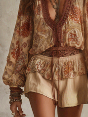 Casual Retro-Bohemian Chiffon Shirt And Shorts Beige Set