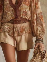Casual Retro-Bohemian Chiffon Shirt And Shorts Beige Set