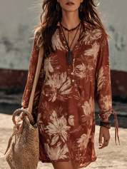 Bohemian Floral Print Resort Cinnamon Brown Mini Dress