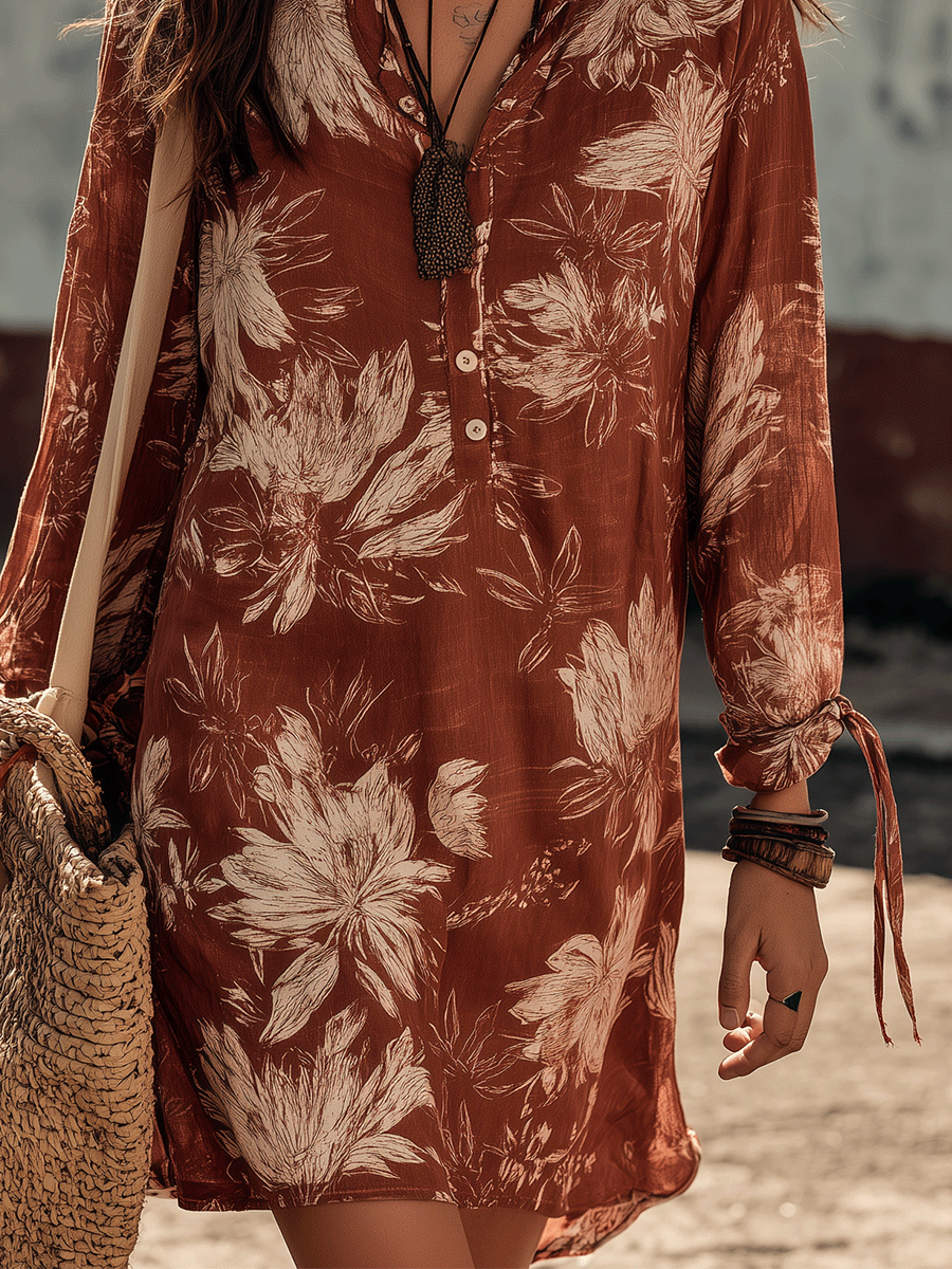 Bohemian Floral Print Resort Cinnamon Brown Mini Dress