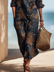 Bohemian Tropical Print Resort Midnight Blue Midi Dress
