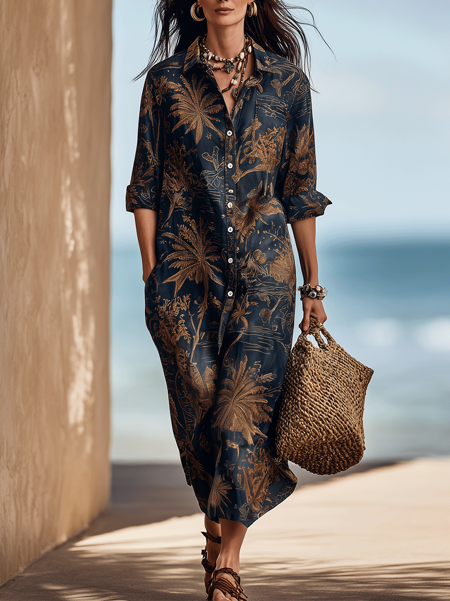 Bohemian Tropical Print Resort Midnight Blue Midi Dress