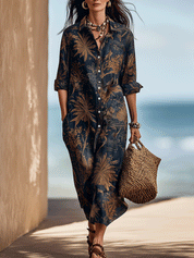 Bohemian Tropical Print Resort Midnight Blue Midi Dress