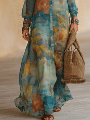 Bohemian Tropical Print Resort Ocean Blue Chiffon Maxi Dress