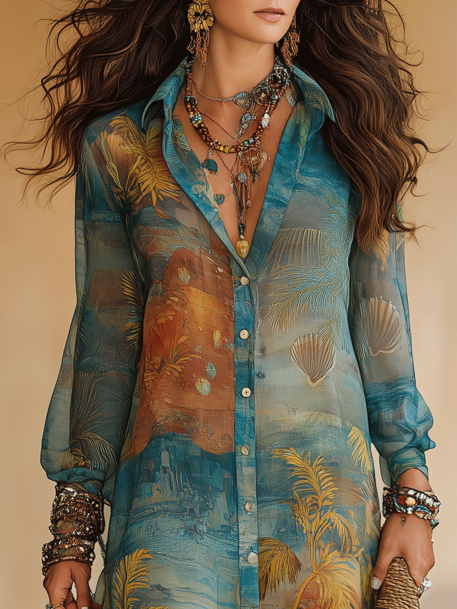 Bohemian Tropical Print Resort Ocean Blue Chiffon Maxi Dress