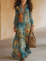 Bohemian Tropical Print Resort Ocean Blue Chiffon Maxi Dress
