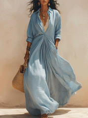 Bohemian Twist-Waist Resort Sky Blue Maxi Dress