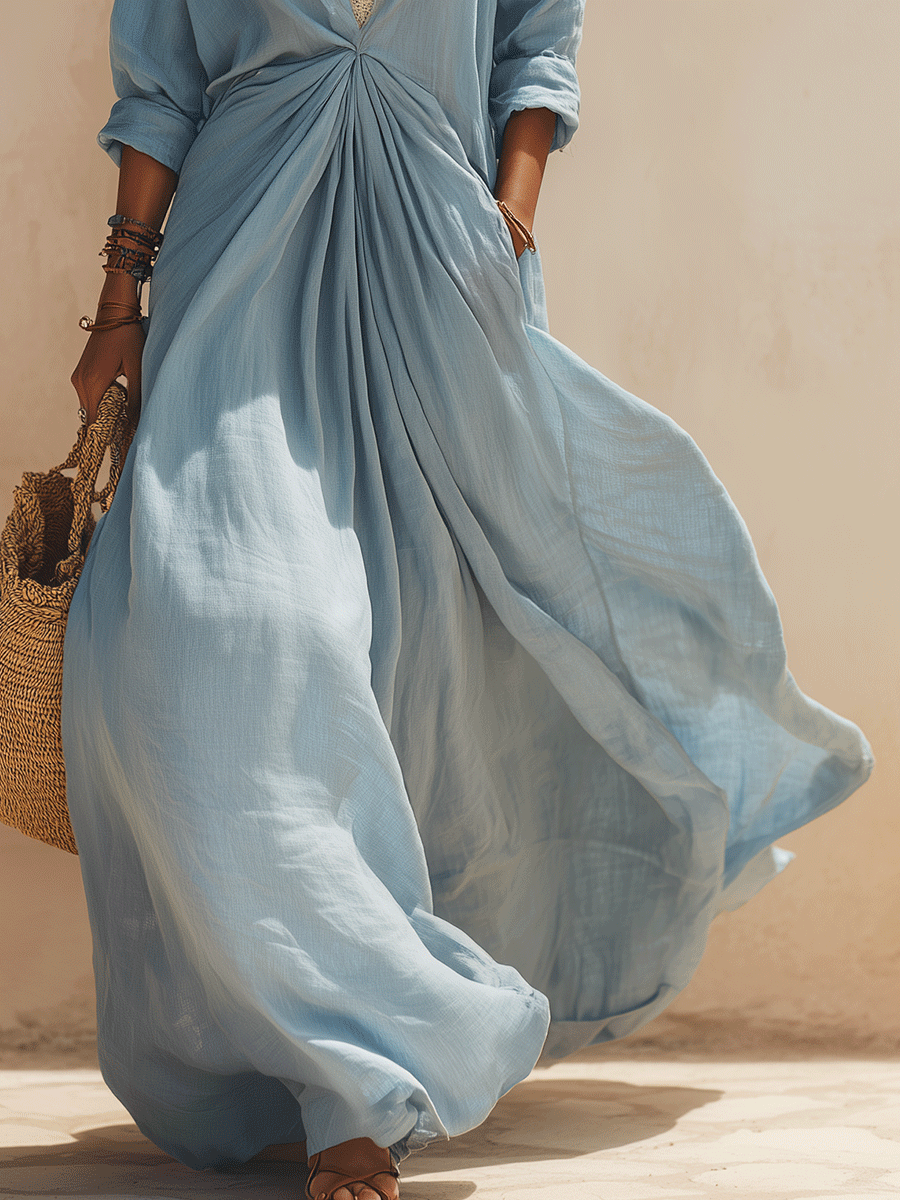 Bohemian Twist-Waist Resort Sky Blue Maxi Dress