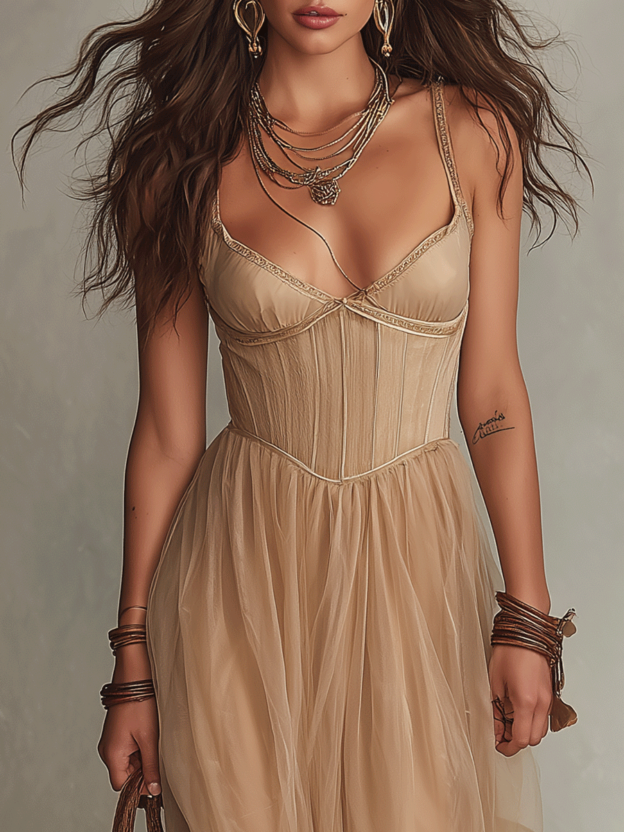 Bohemian Corset-Inspired Resort Champagne Beige Maxi Dress