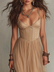 Bohemian Corset-Inspired Resort Champagne Beige Maxi Dress