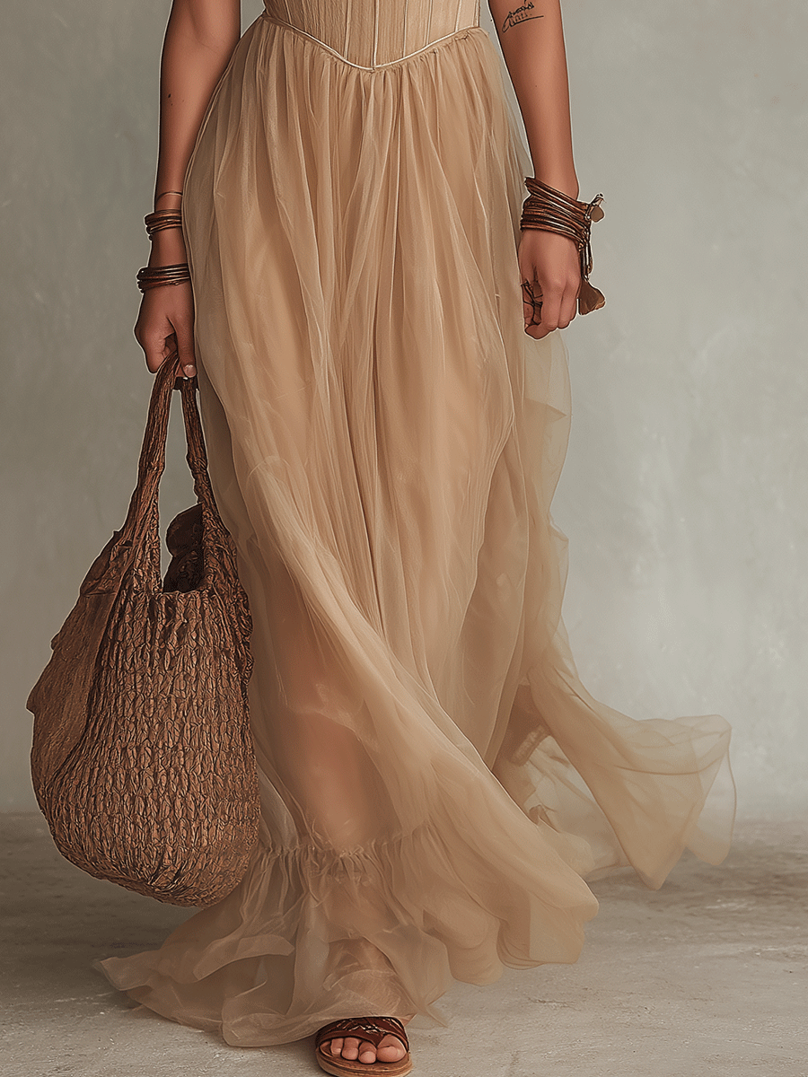 Bohemian Corset-Inspired Resort Champagne Beige Maxi Dress