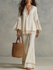Bohemian Lace Trim Resort Ivory White Two-Piece Set