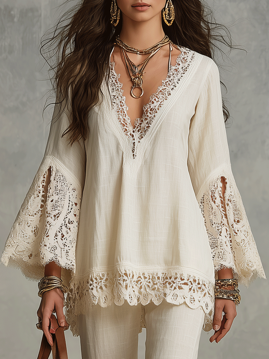 Bohemian Lace Trim Resort Ivory White Two-Piece Set