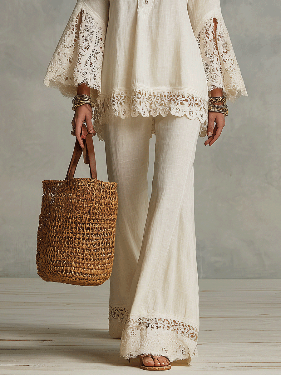 Bohemian Lace Trim Resort Ivory White Two-Piece Set
