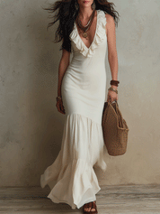 Elegant Ruffle Trim Resort Ivory White Mermaid Maxi Dress