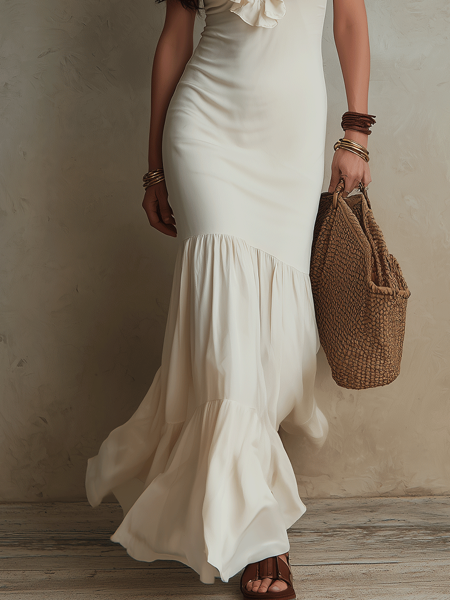 Elegant Ruffle Trim Resort Ivory White Mermaid Maxi Dress