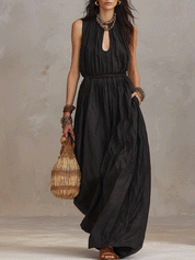 Bohemian-Style Black Cotton-Linen Sleeveless Maxi Vacation Dress