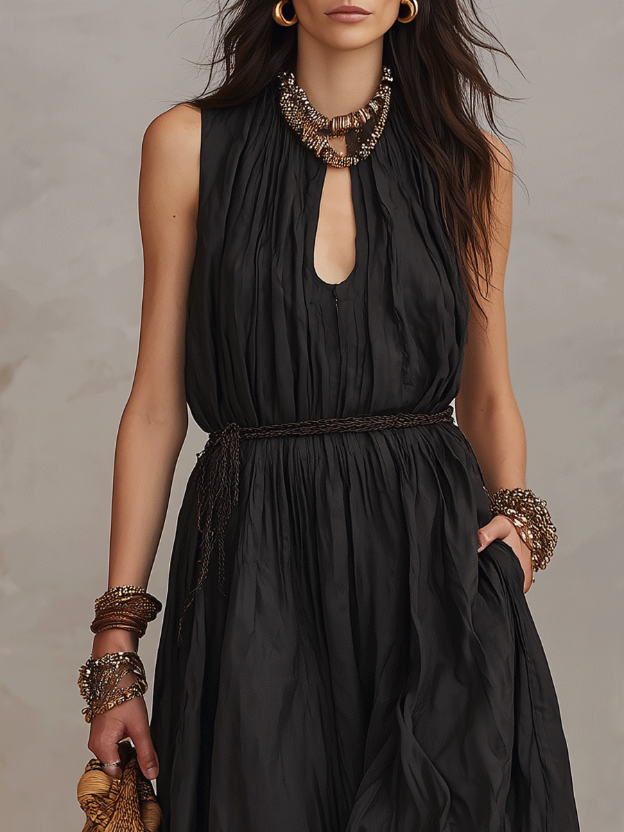 Bohemian-Style Black Cotton-Linen Sleeveless Maxi Vacation Dress
