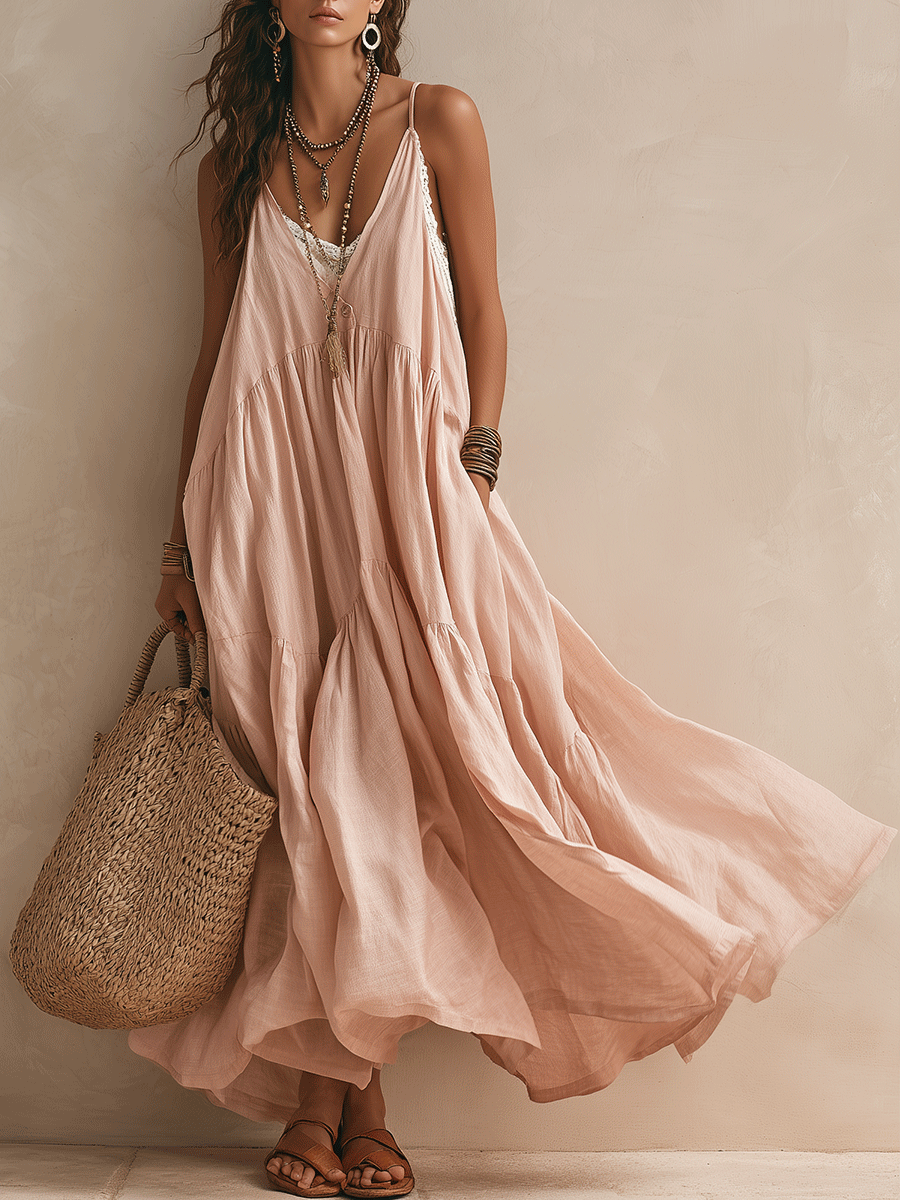 Bohemian Flowing Resort Blush Pink Maxi Dress