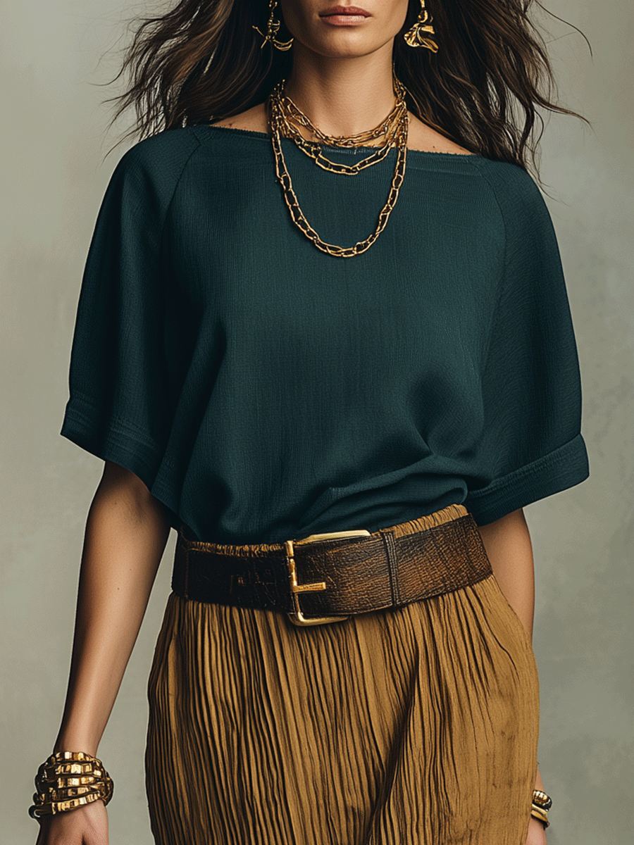 Bohemian Belted Resort Coastal Teal Top Cocoa Brown Midi Skirt Set