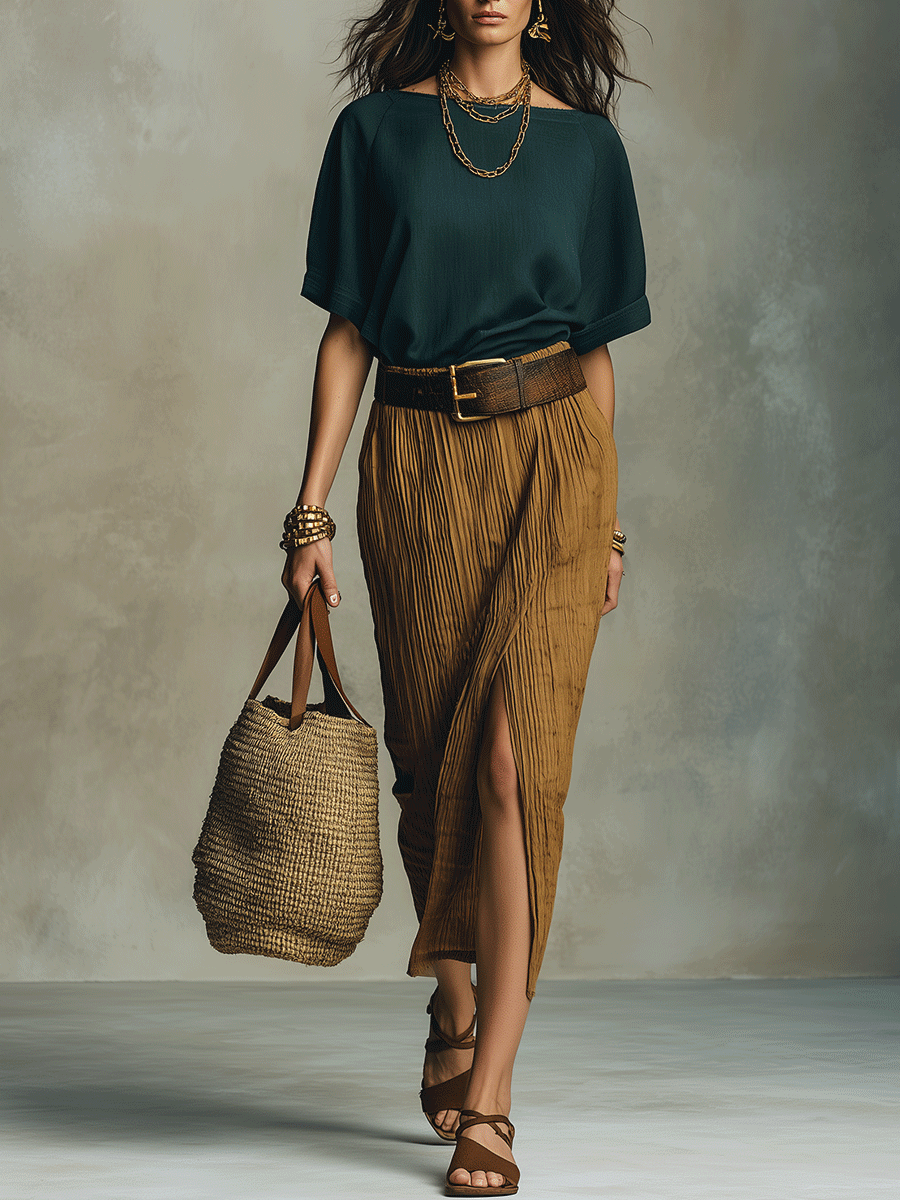 Bohemian Belted Resort Coastal Teal Top Cocoa Brown Midi Skirt Set