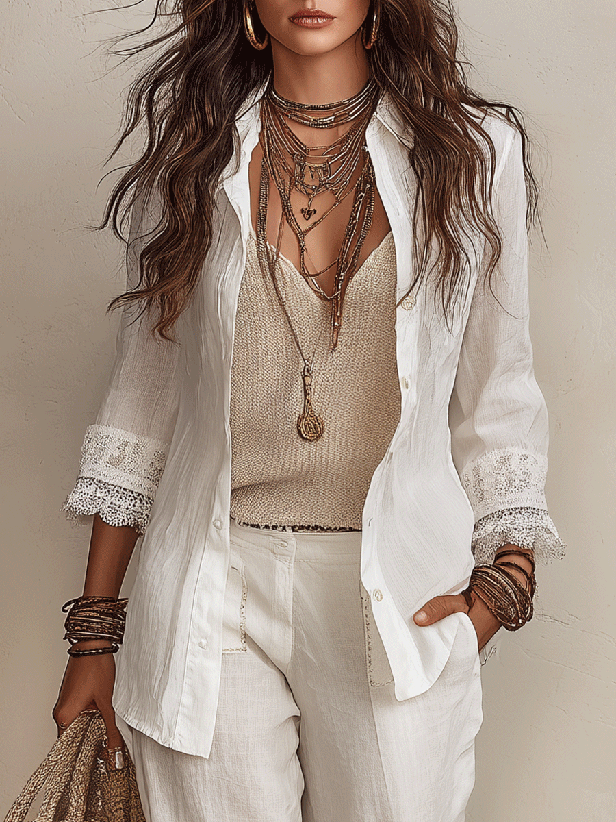 Bohemian Coastal-Style Ivory Cotton-Linen Pant Set