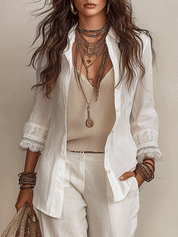 Bohemian Coastal-Style Ivory Cotton-Linen Pant Set